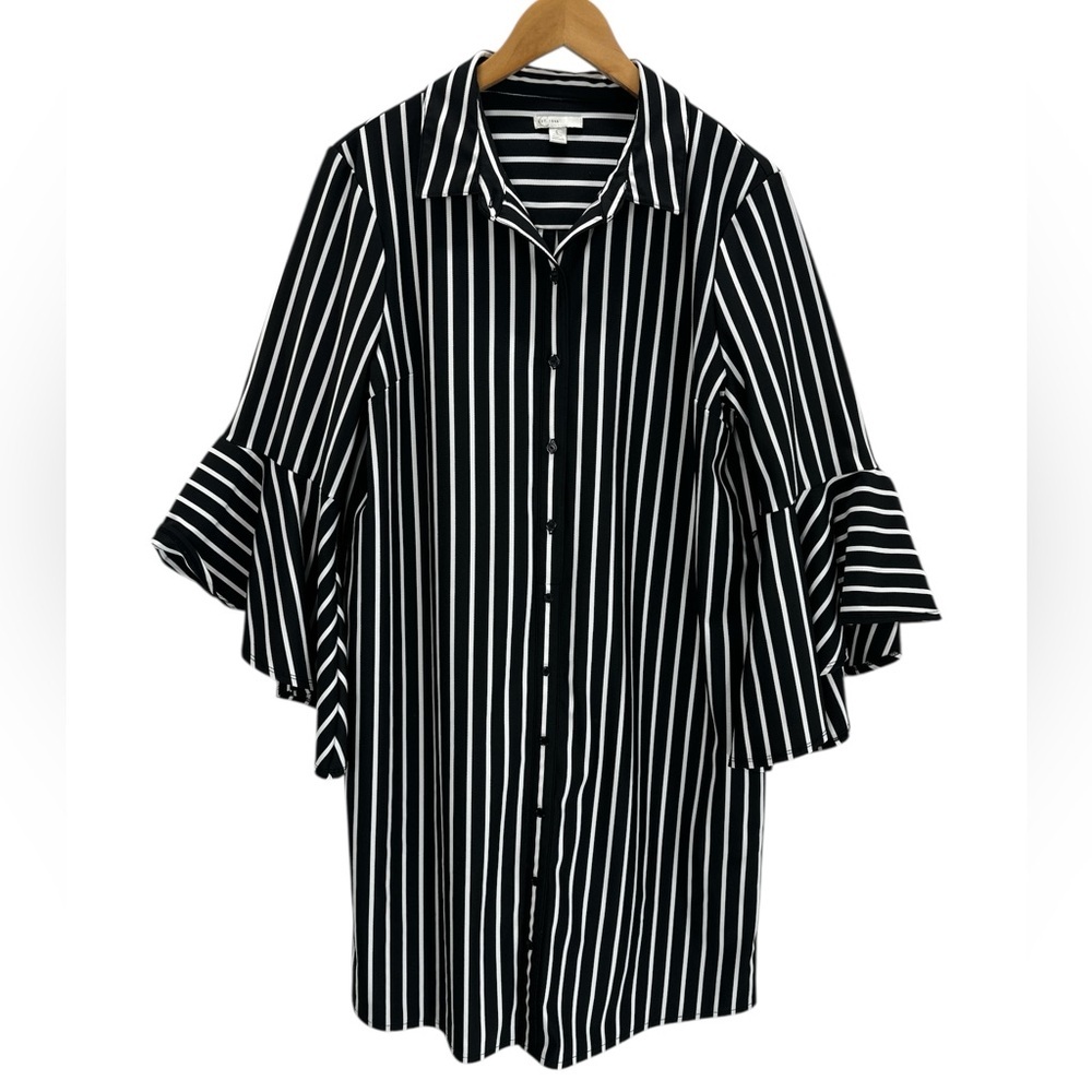 Cato Black White Striped Button Front Shirt Dress Ruffle Flounce Sleeve Office L